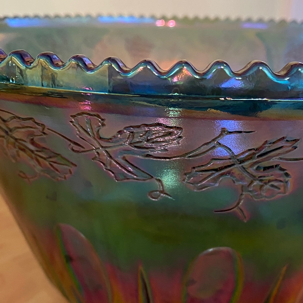 Iridescent Carnival Glass Decorative Punch Bowl Blue Green - Picture 6 of 15